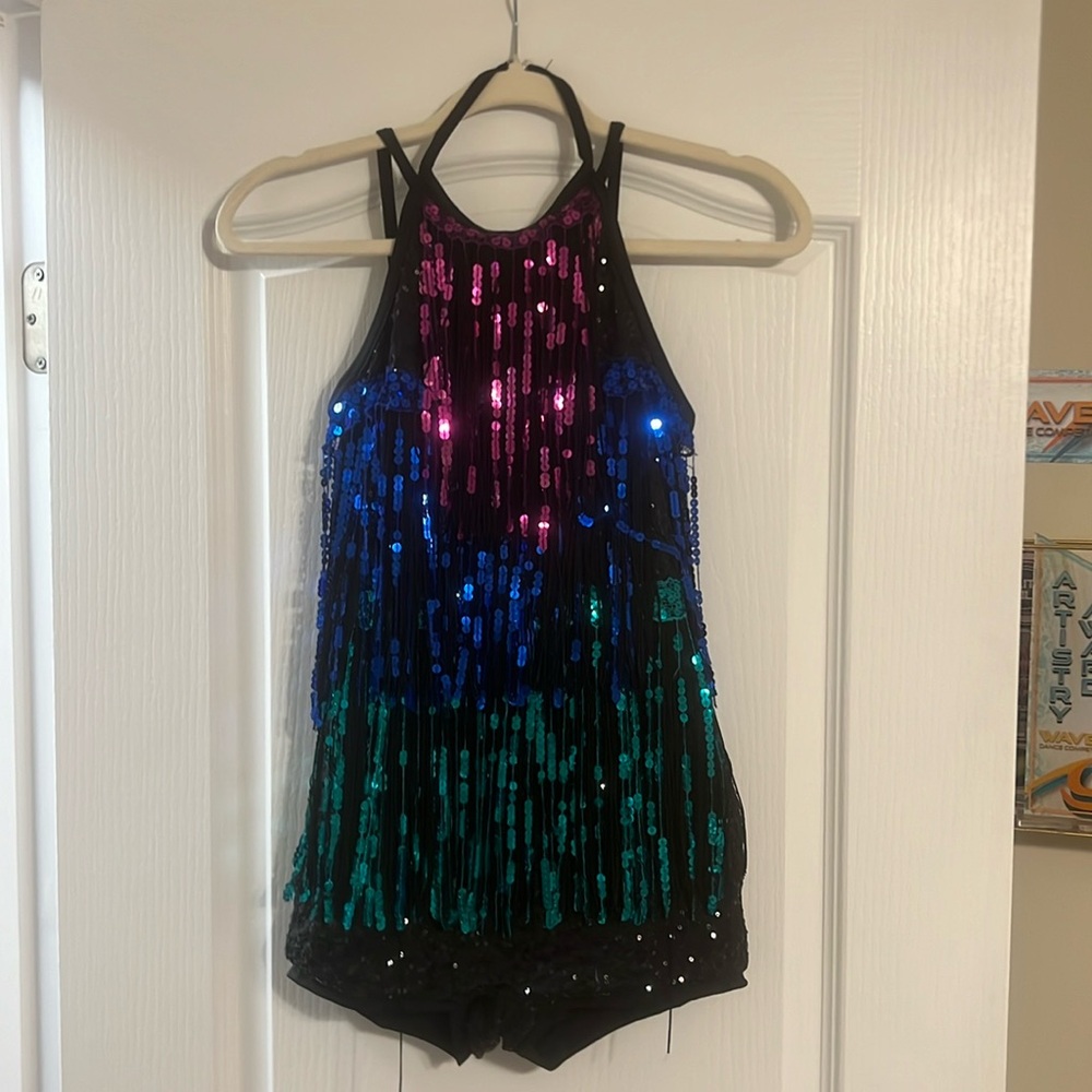 Purple, Blue and Teal fringe with black sparkly shorts and a base under fringe. - Picture 1 of 3